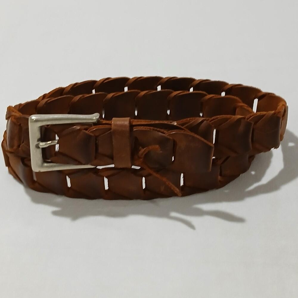Braided Genuine Leather Belt Mens 42 Brown Woven Silver Buckle Adjustable
